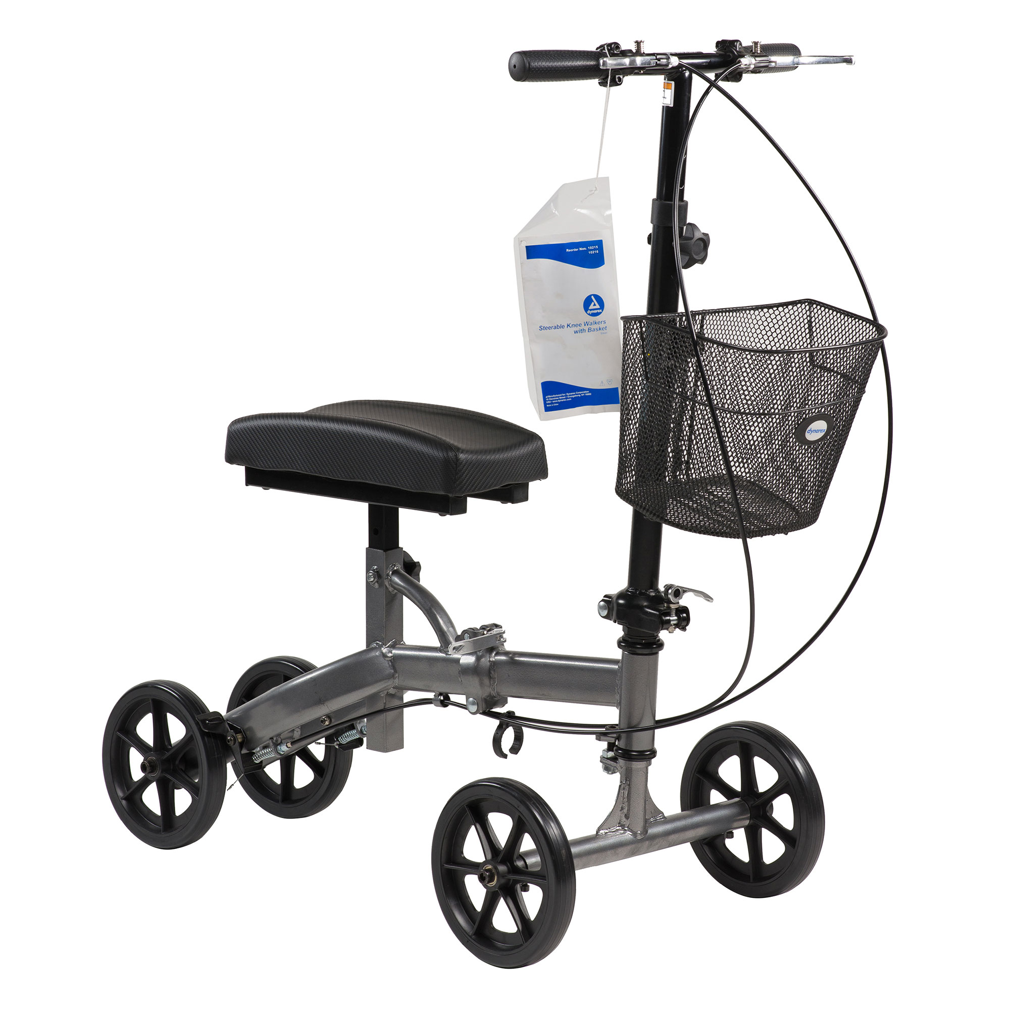 Dynarex Bari+Max Steerable Knee Walker with Basket, Silver Vein