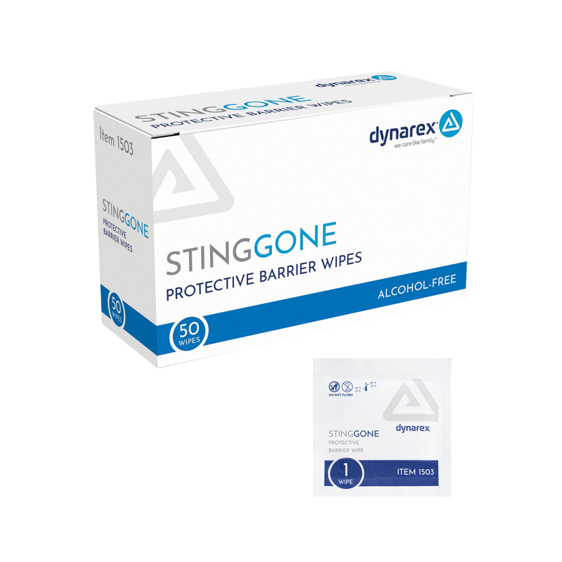 Dynarex StingGone Protective Barrier Wipes provide a comfortable layer of protection under dressings and tapes