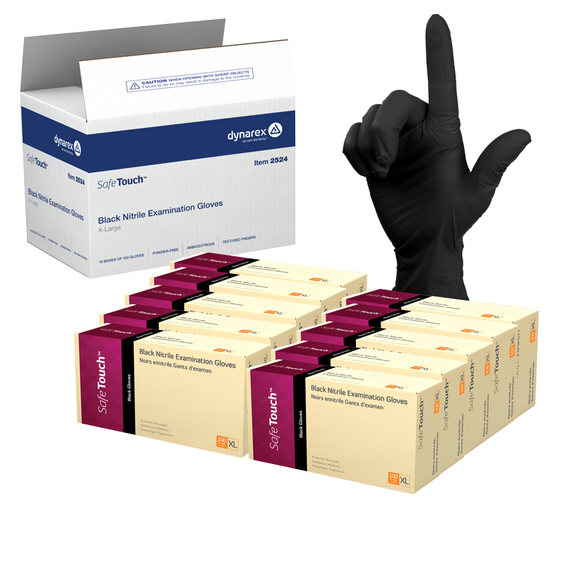 Dynarex Safe-Touch Black Nitrile Exam Gloves, X-Large, Powder-Free