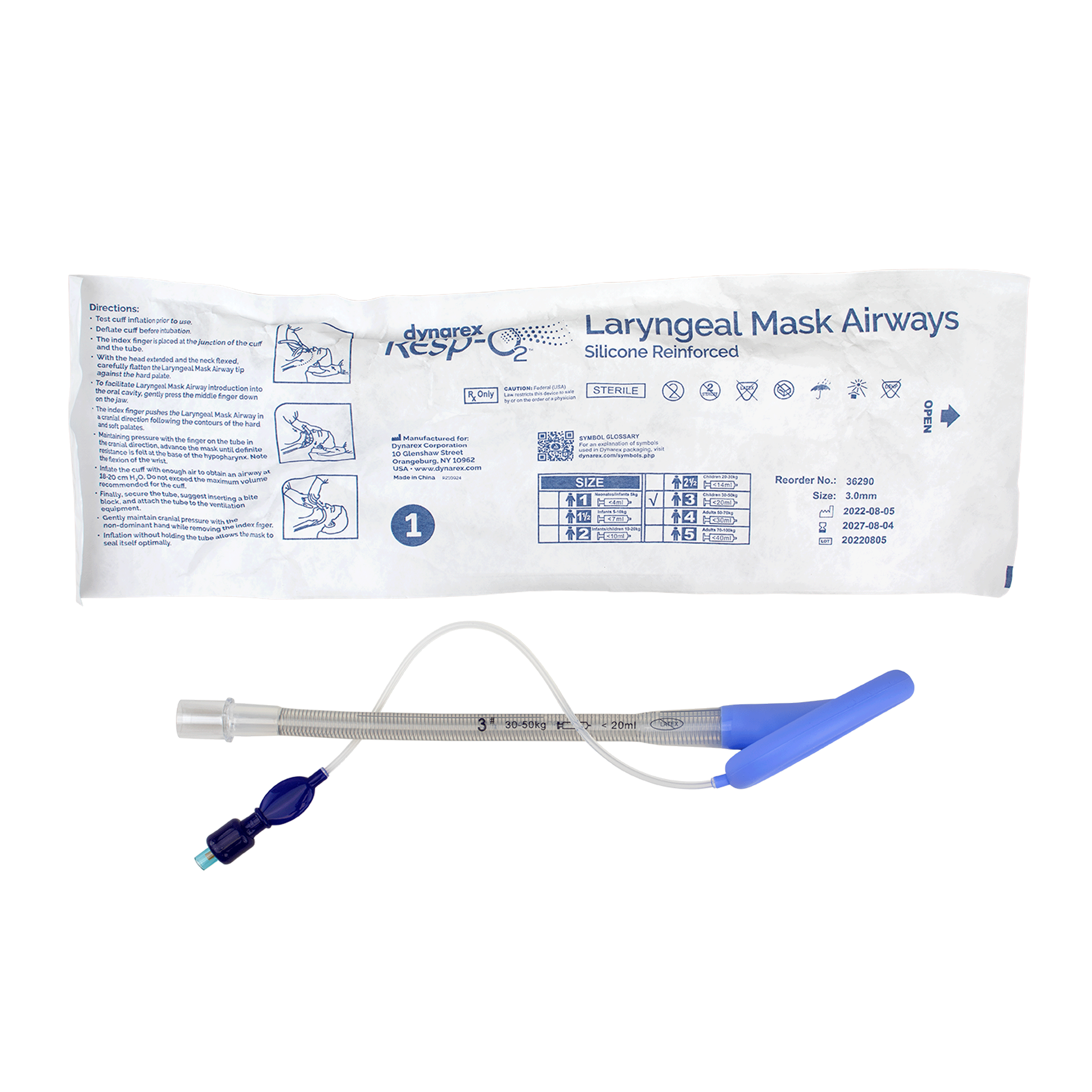 Dynarex Resp-O2 LMA (Laryngeal Mask Airway) - Silicone, Reinforced
