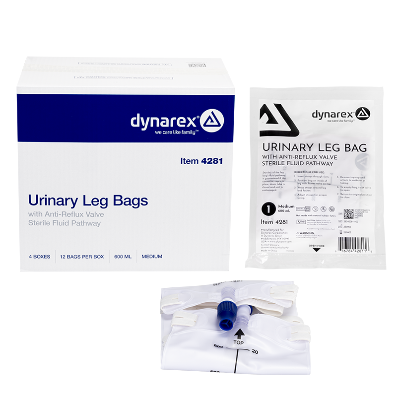 Dynarex Urinary Leg Bags rest discreetly against the leg with soft, pleated sides for a low-profile, comfortable fit