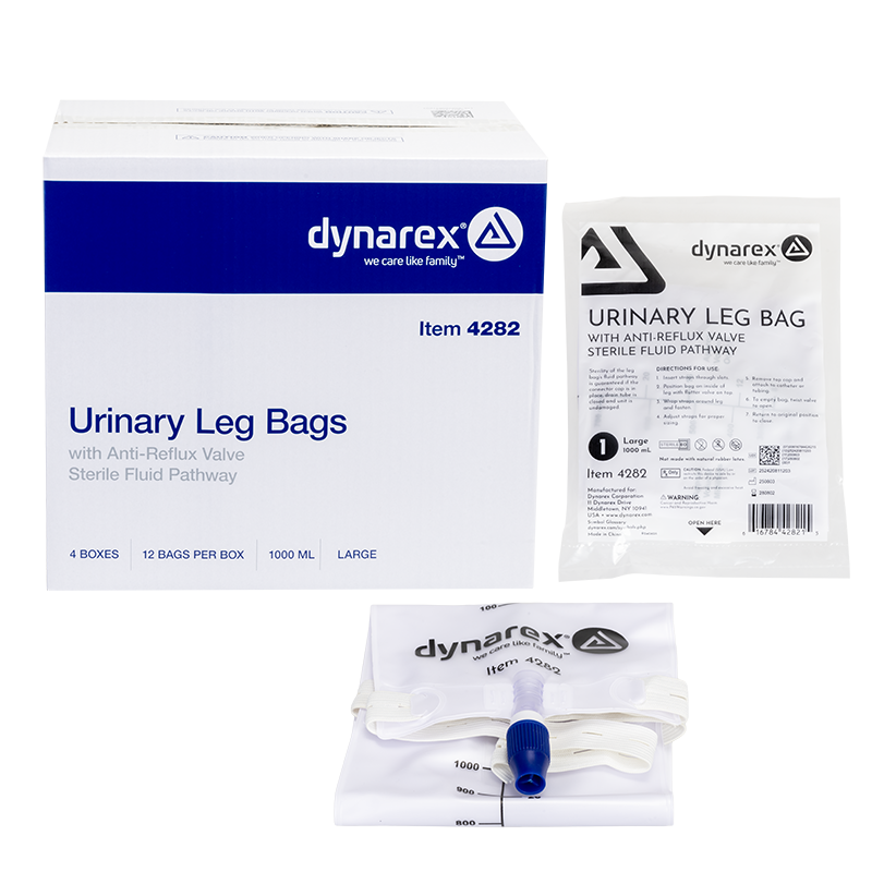 Dynarex Urinary Leg Bags rest discreetly against the leg with soft, pleated sides for a low-profile, comfortable fit
