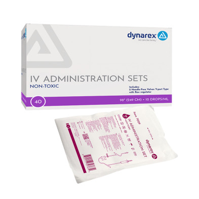 Dynarex IV Administration Sets are sterile, single-use sets designed for gravity-based fluid and medication delivery