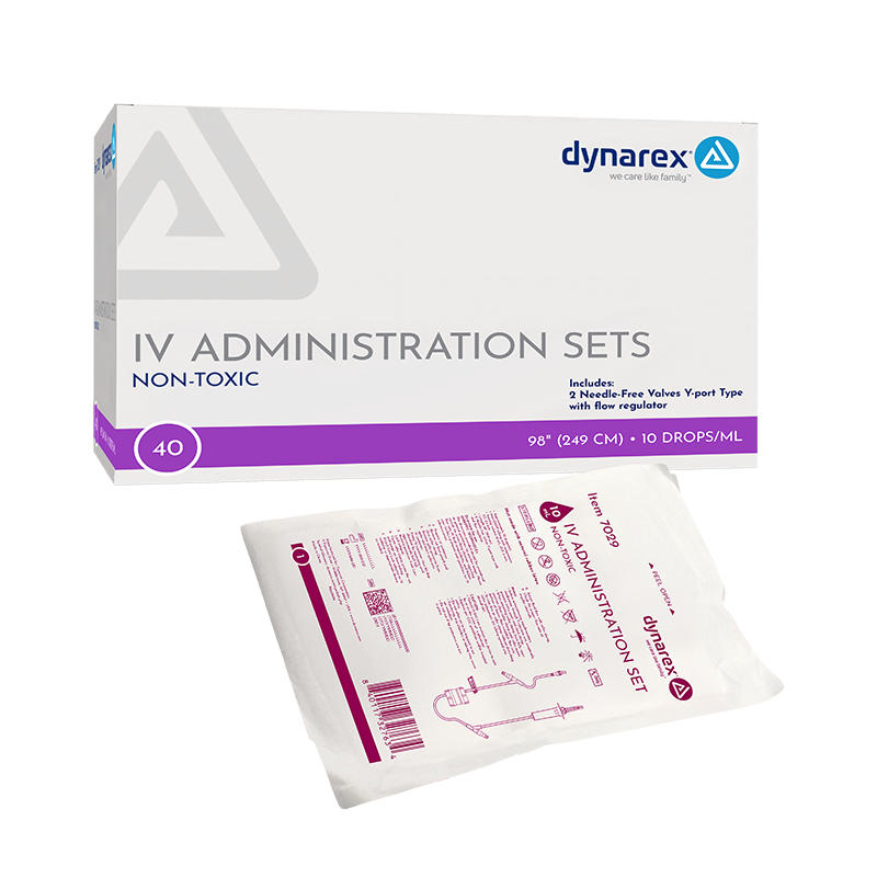 Dynarex IV Administration Sets are sterile, single-use sets designed for gravity-based fluid and medication delivery