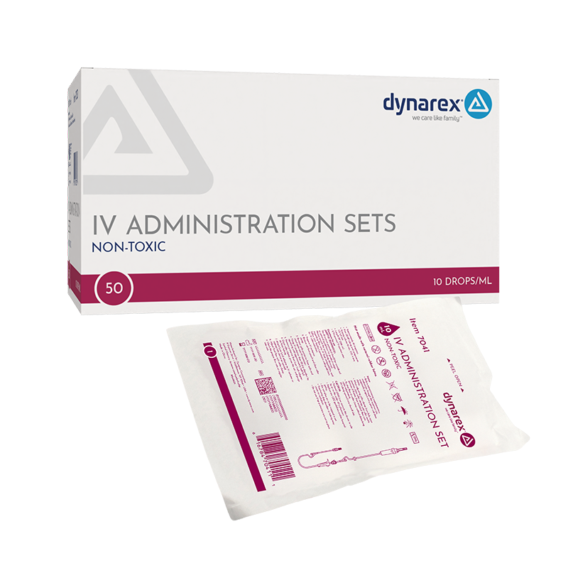 Dynarex IV Administration Sets are sterile, single-use sets designed for gravity-based fluid and medication delivery