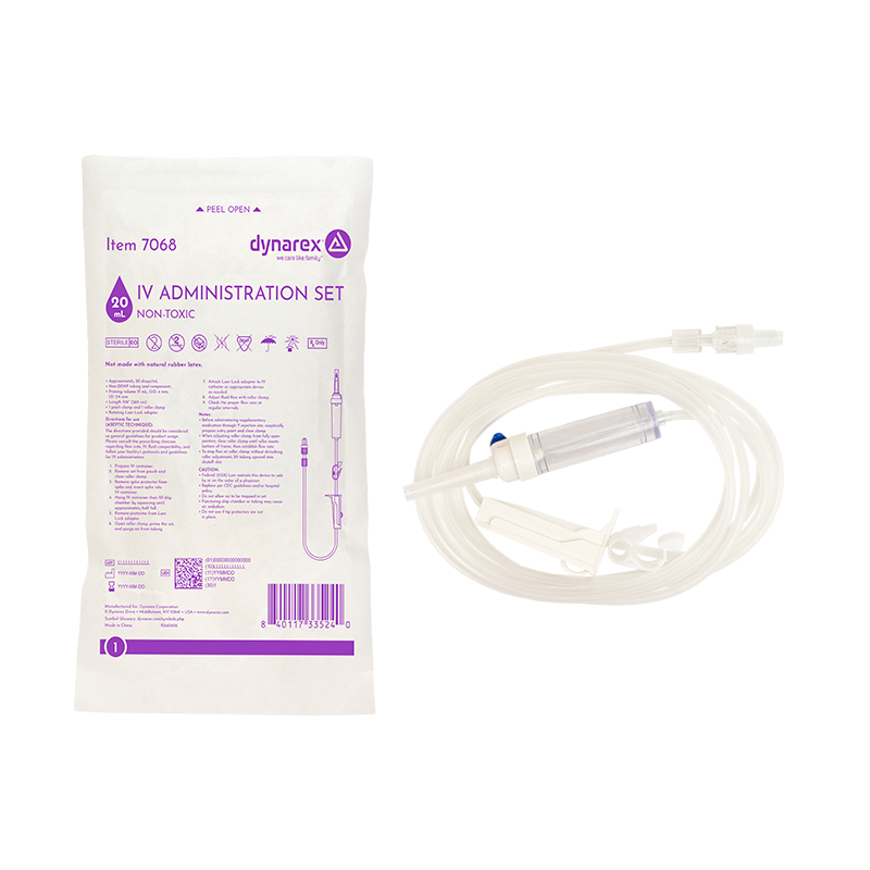 Dynarex IV Administration Sets are sterile, single-use sets designed for gravity-based fluid and medication delivery